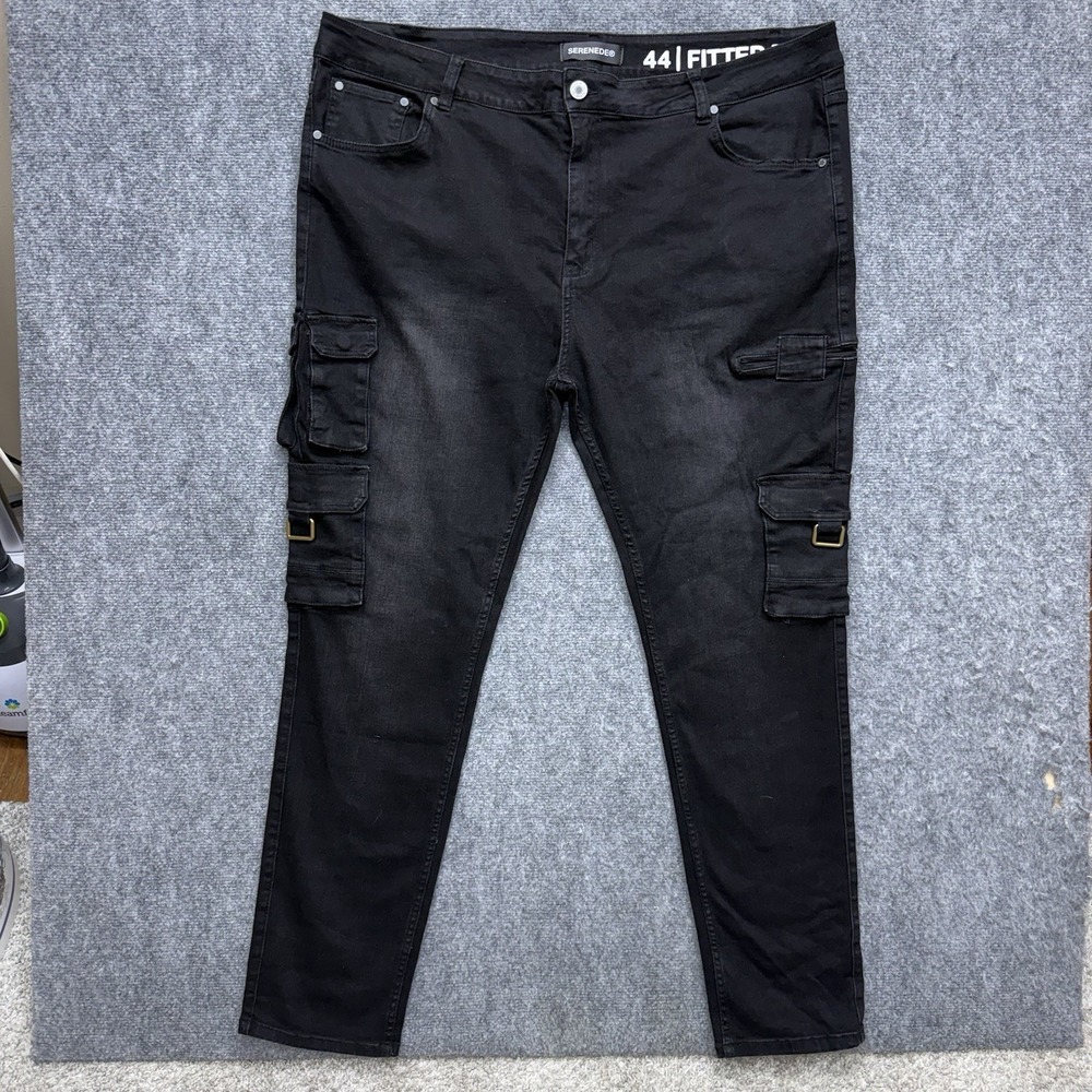 Serenede Mens Black Wash skinny slim Fit Cargo Jeans fitted Denim Size 44 44x32